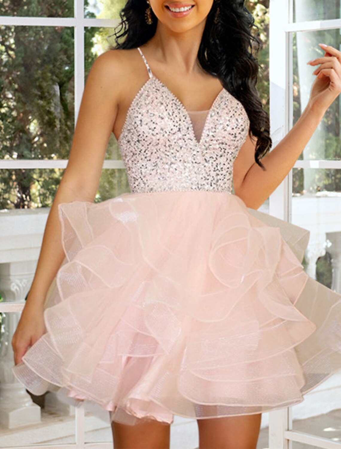 Abiti da ballo a trapezio, abito plissettato a strati, abito da cocktail per laurea, corto/mini, senza maniche, spalline sottili, abito rosa in organza con perline e paillettes